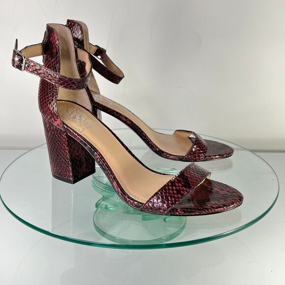 Vince Camuto Beah Sandal Red Black Leather Snake Print Ankle Strap - Picture 1 of 9